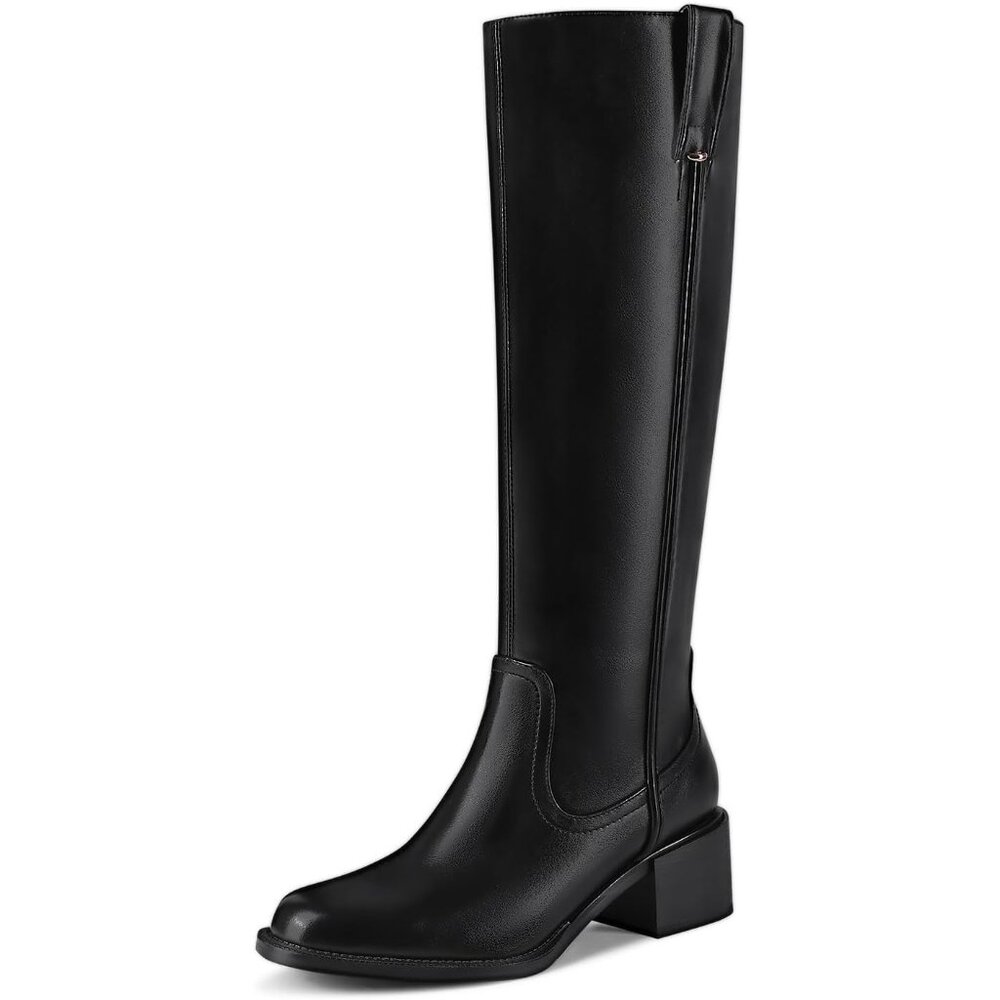 Women's Black Chunky Low Block Heel Round Toe Faux Leather Knee High Boots